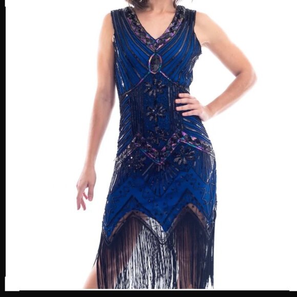 Flapper Blue Dress Party Fringe Halloween Costume Size Adult Medium - Picture 1 of 8